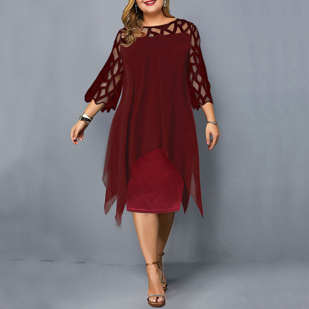 Rotes Damenkleid mit Netzärmeln, knielang, elegant, Abendmode, Plus Size, Chiffon.