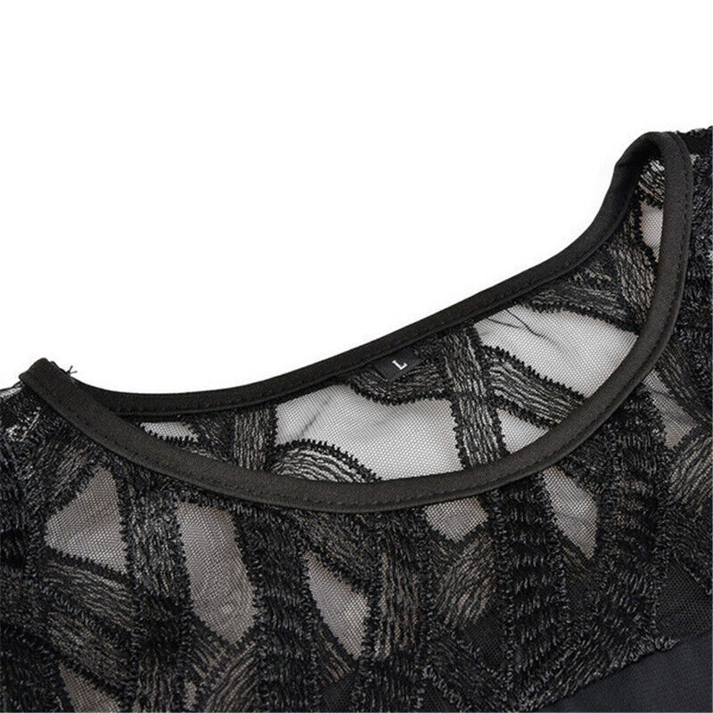 Schwarzes Spitzenkleid, transparentes Muster, elegantes Design, Damenmode, Größe L.