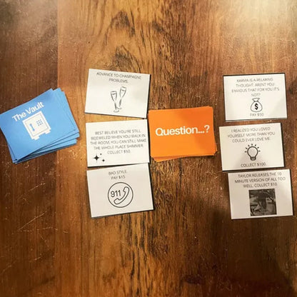 Musikbasiertes Brettspiel mit Songkarten und Monopolygeld für Spielabende