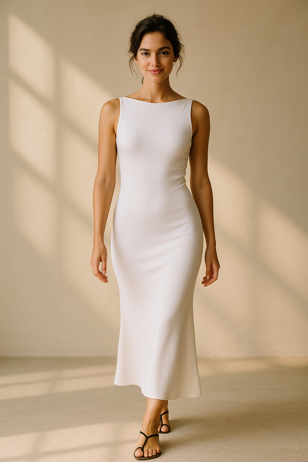 Weißes Maxikleid mit hohem Ausschnitt und tiefem Rücken