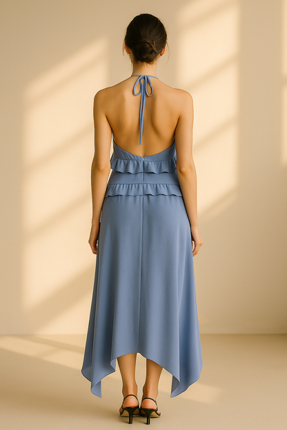 Neckholder-Sommerkleid mit Rüschen in Blau