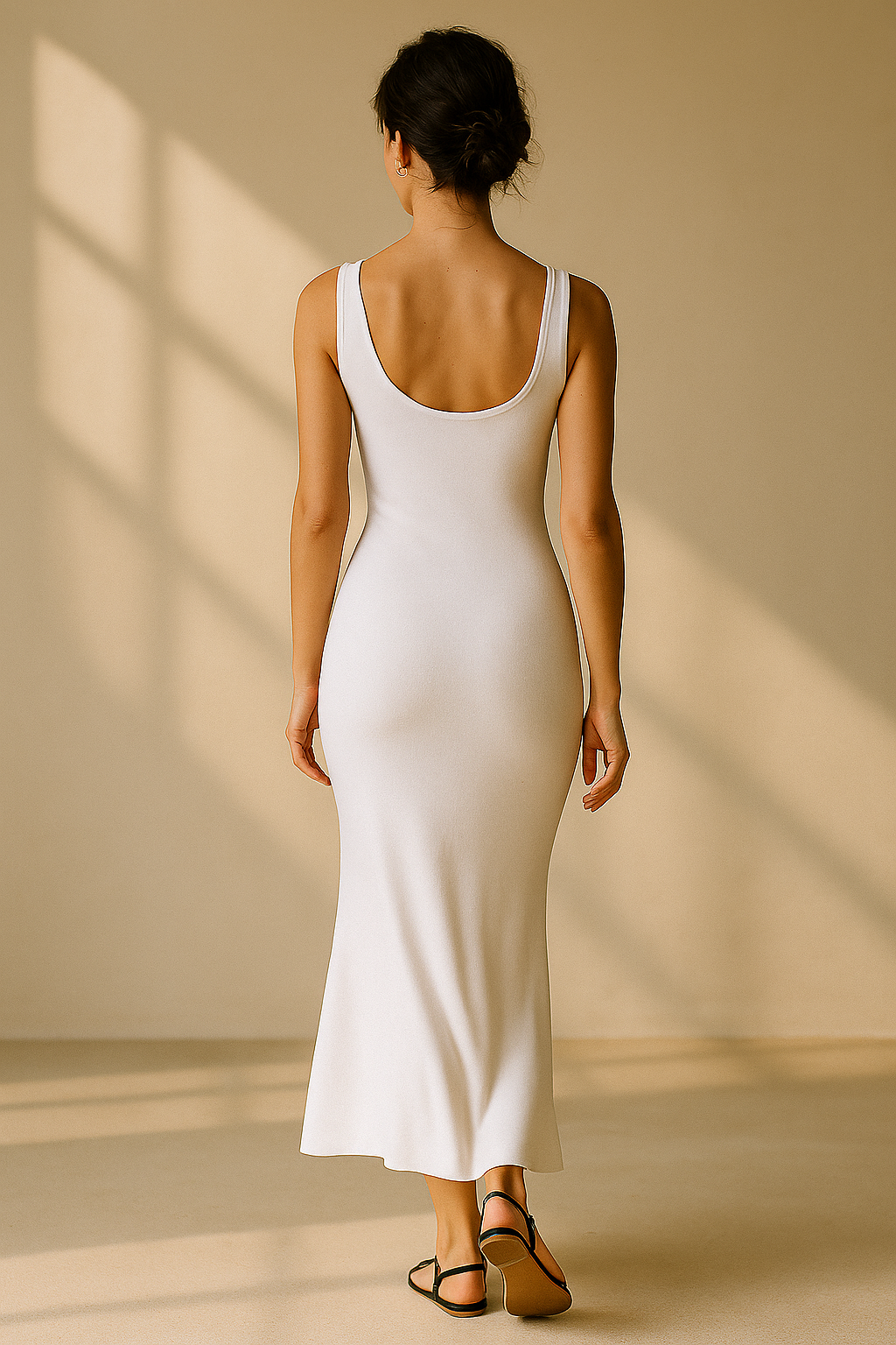 Weißes Maxikleid mit hohem Ausschnitt und tiefem Rücken
