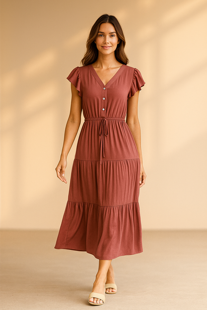 Midikleid mit Stufenrock und Bindegürtel in Terrakotta