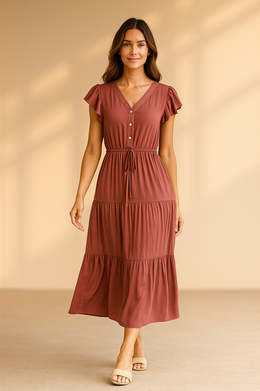 Midikleid mit Stufenrock und Bindegürtel in Terrakotta