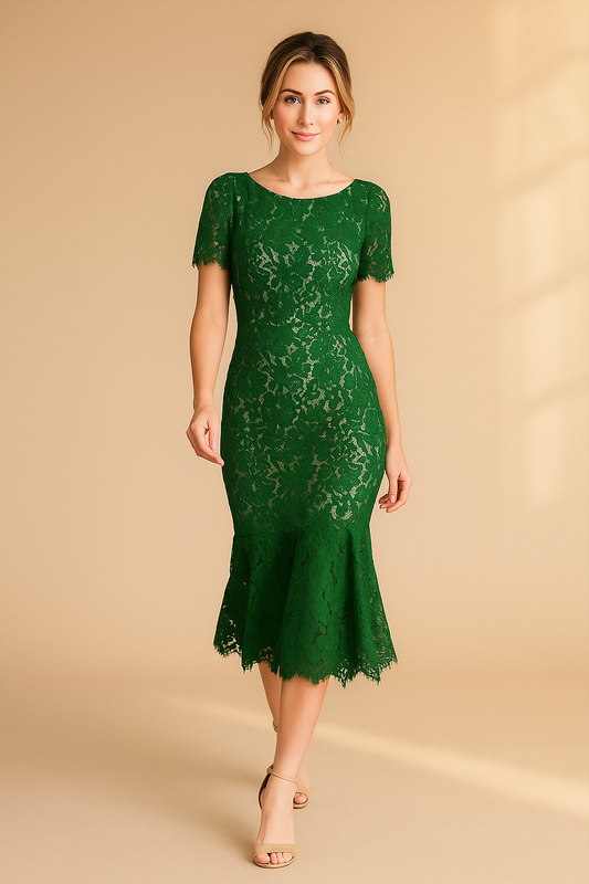 Spitzen-Midikleid in Smaragdgrün mit Fischschwanz-Saum