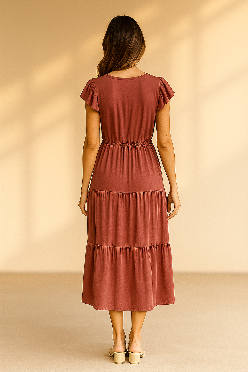 Midikleid mit Stufenrock und Bindegürtel in Terrakotta