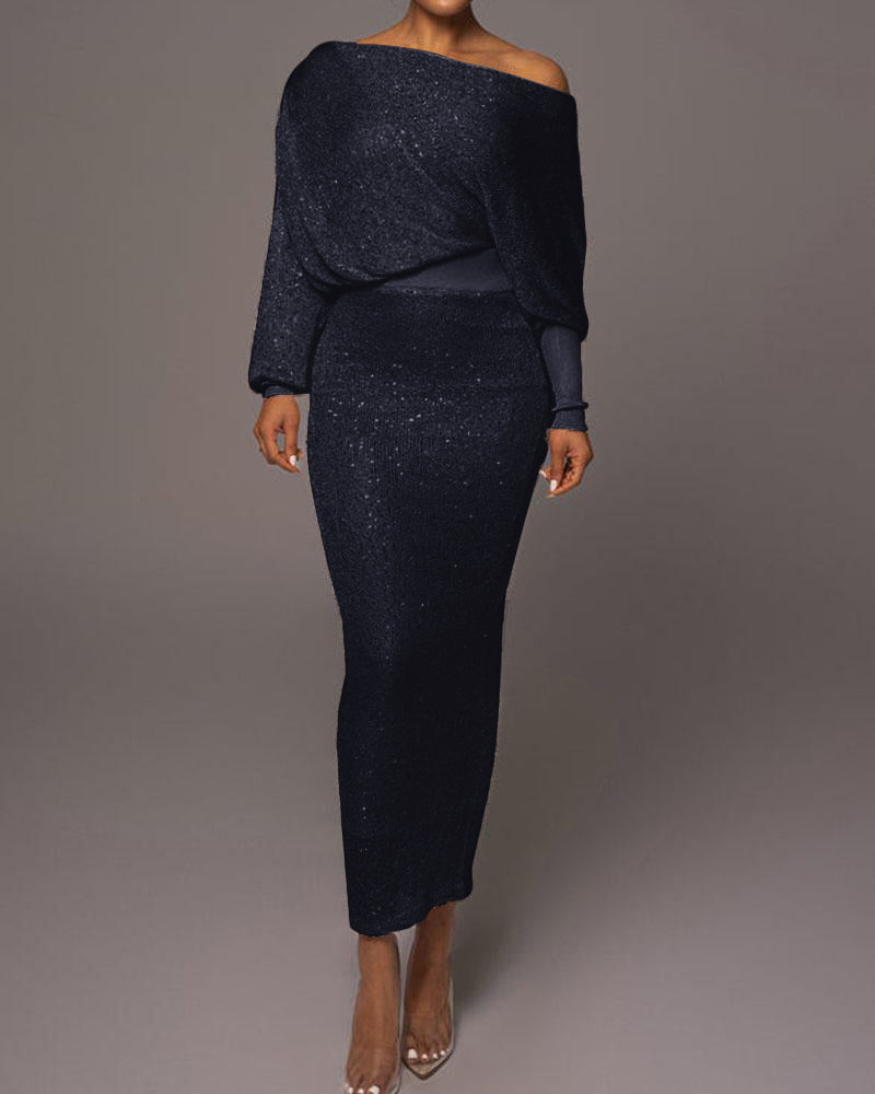 Schwarzes, schulterfreies Abendkleid, lang, glitzernd, elegantes Design, Damenmode.