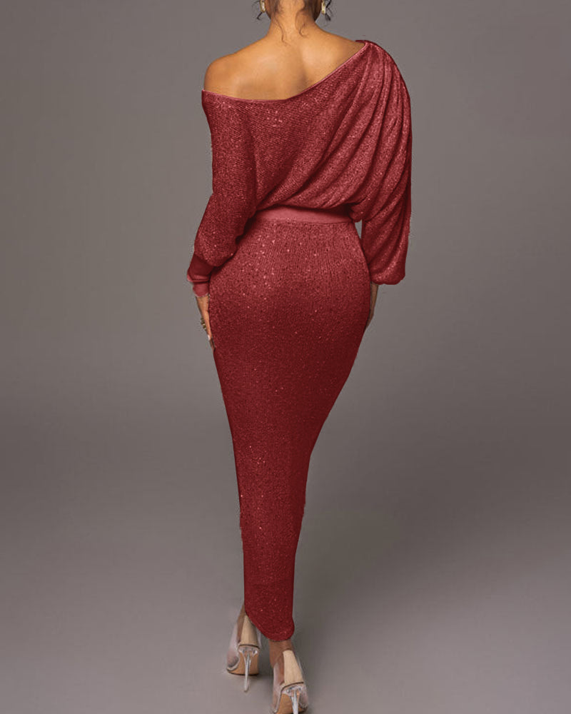 Rotes schulterfreies Paillettenkleid, lang, elegant, Abendmode, Damenmode.