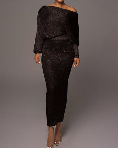Schwarzes, schulterfreies Abendkleid, lang, elegant, glitzernd, Damenmode, festlich.