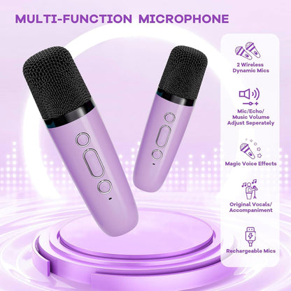 Tragbare Mini-Karaoke-Maschine mit Bluetooth-Lautsprecher und 2 kabellosen Mikrofonen – Veylo