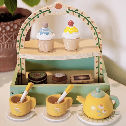 Holz-Tee-Set für Kinder mit Cupcakes und Teekanne – Spielzeit