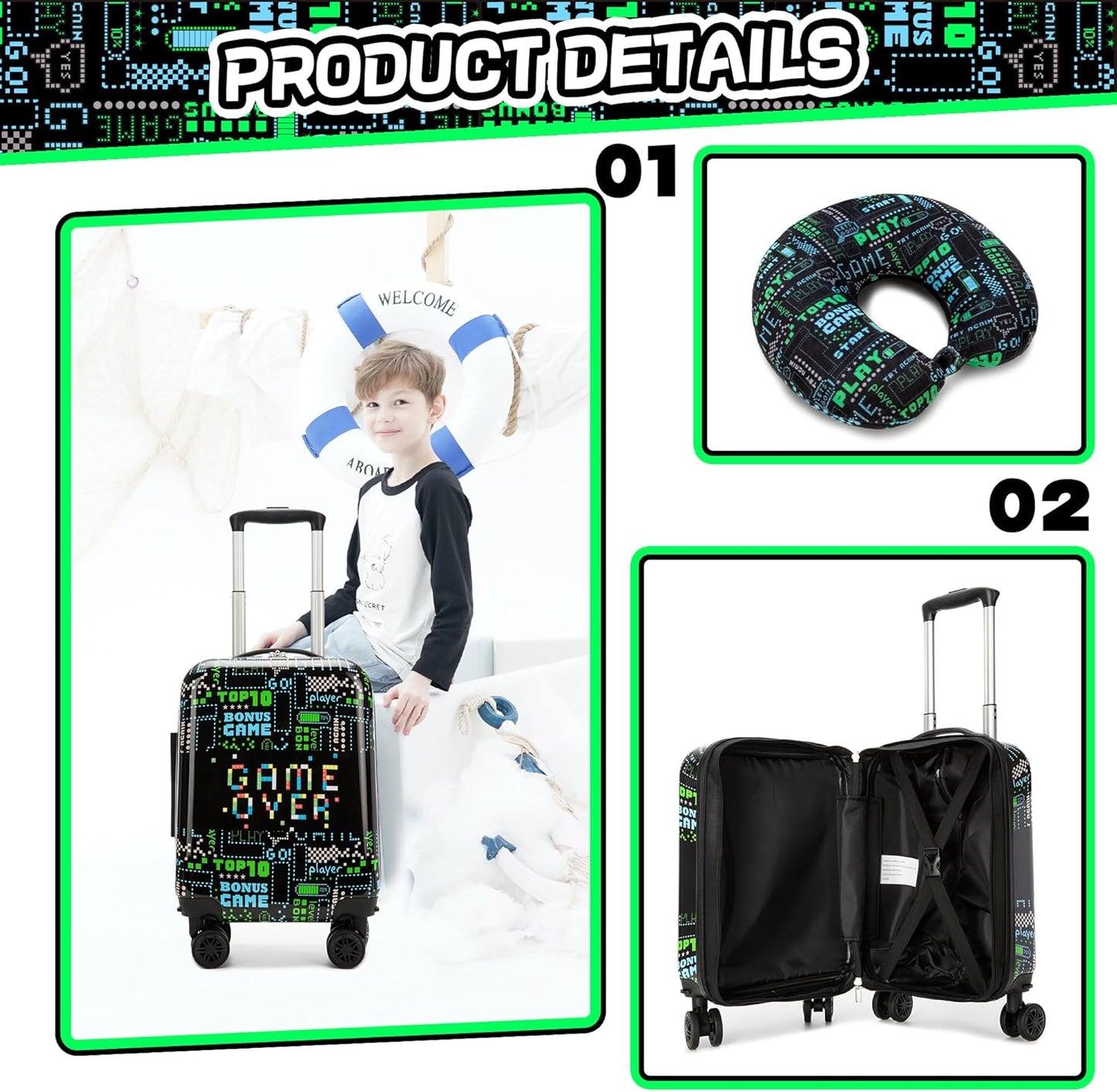 Kinder-Kabinengepäck-Set aus Hartschale mit Spinner-Rollen – Game Day
