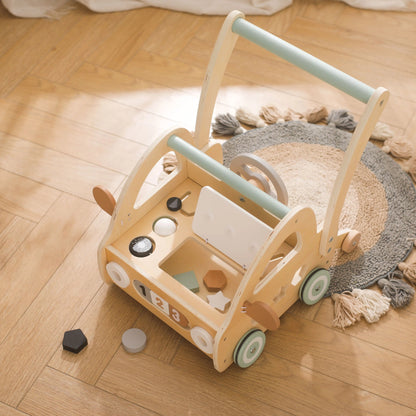 Lauflernwagen aus Holz mit Montessori-Spielteilen und Spiegeln