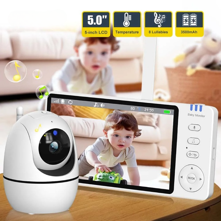 5-Zoll HD Video-Babyphone mit Kamera, PTZ-Zoom und Nachtsicht