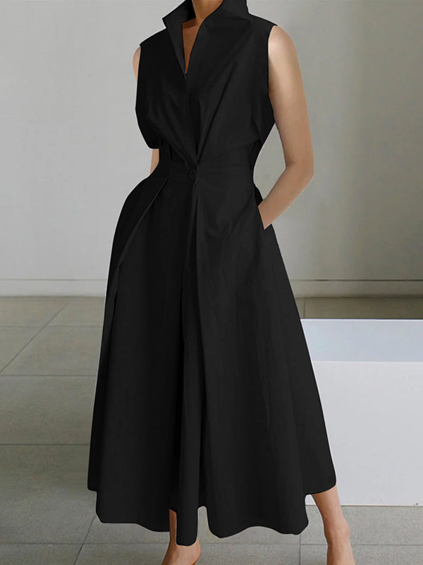 Ärmelloses schwarzes Kleid, knielang, elegantes Design, Damenmode, minimalistischer Stil.