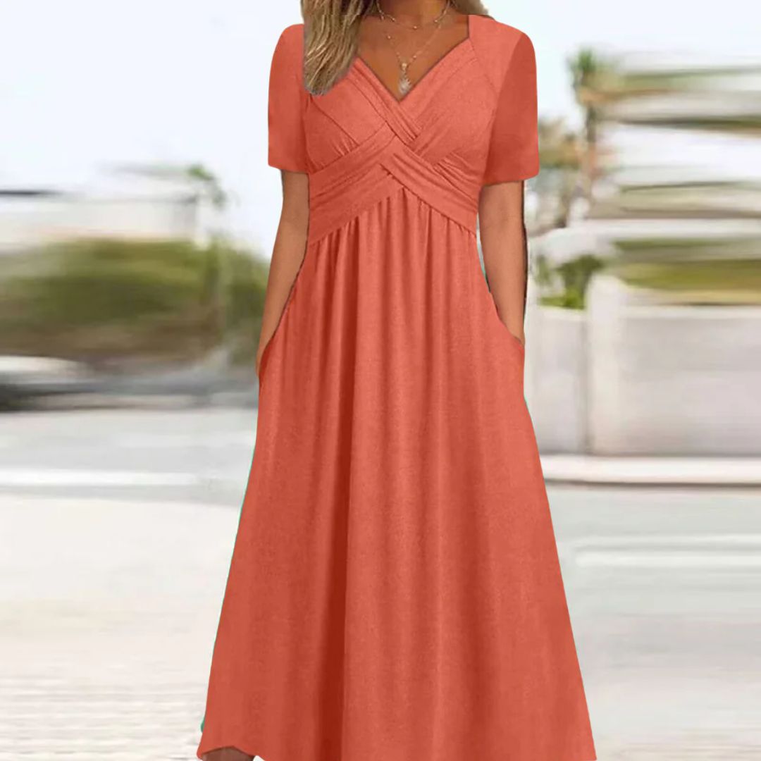 Damen Maxikleid orange, V-Ausschnitt, kurze Ärmel, Sommermode, Freizeitkleidung.