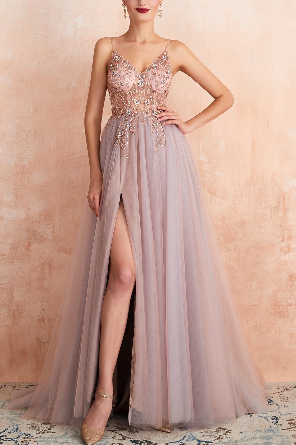 Elegantes Abendkleid Damen, rosa, Tüll, Pailletten, V-Ausschnitt, hoher Schlitz, festlich.