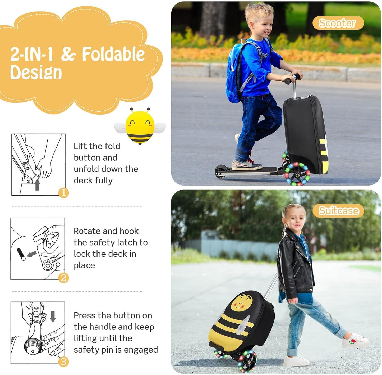 Kinder 2-in-1 Ride-On Scooter Koffer mit LED-Rädern