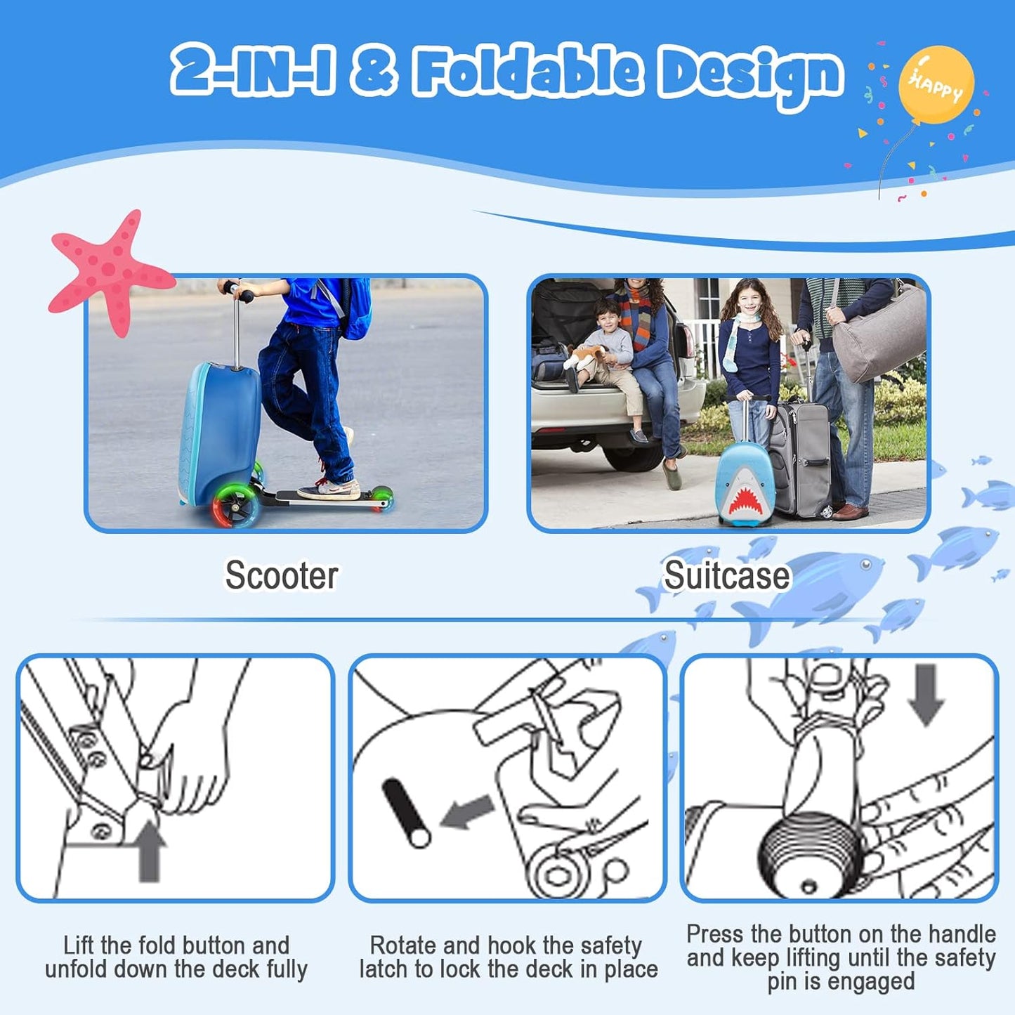 Kinder 2-in-1 Ride-On Scooter Koffer mit LED-Rädern