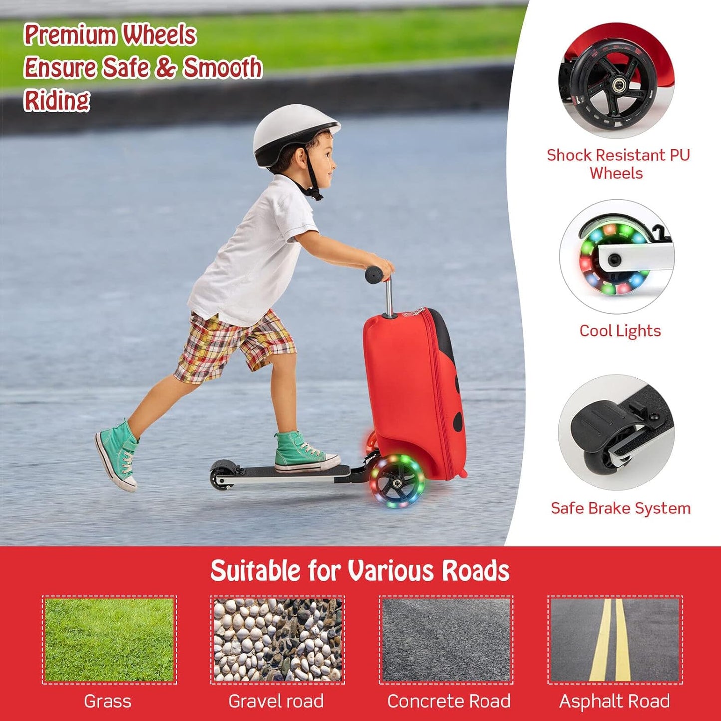 Kinder 2-in-1 Ride-On Scooter Koffer mit LED-Rädern