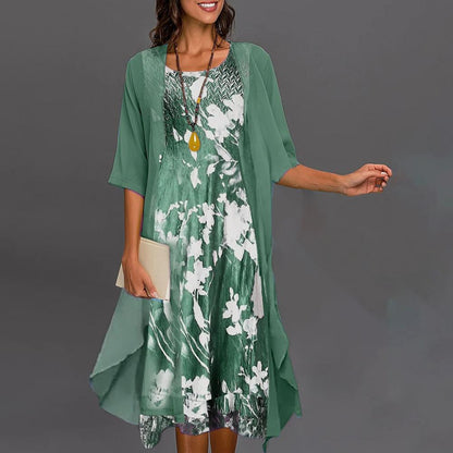 Elegantes Damenkleid-Set, grün, Blumenmuster, großer Saum, Cardigan, rundhals, modisch.