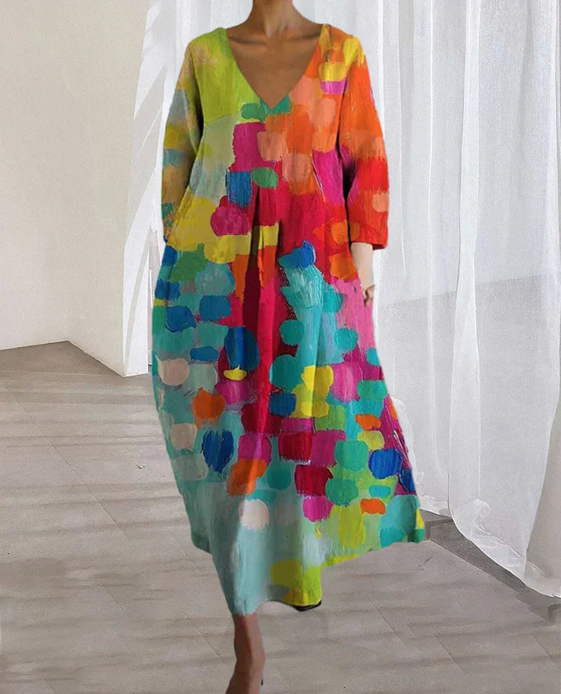 Buntes Damenkleid mit abstraktem Muster, V-Ausschnitt, langärmelig, lässig, Baumwolle.