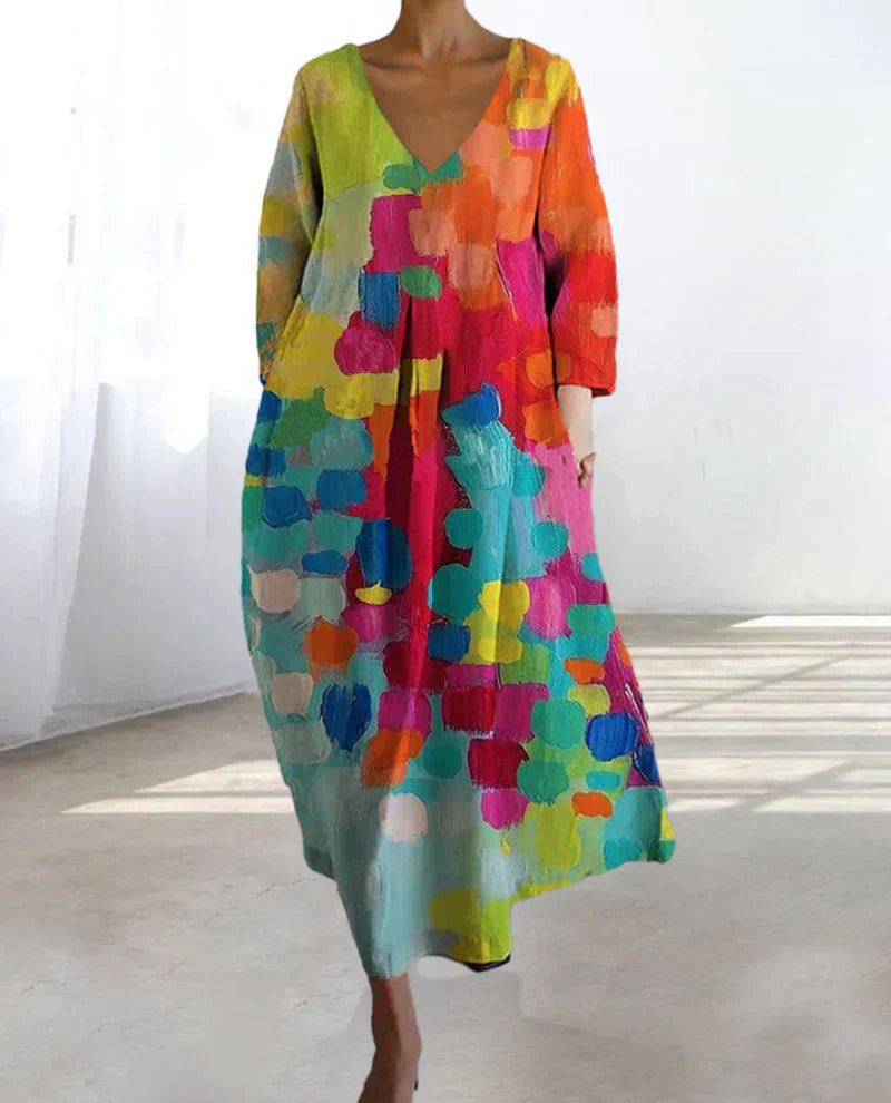 Buntes Damenkleid mit V-Ausschnitt, lang, abstraktes Muster, Freizeitmode, Baumwolle.