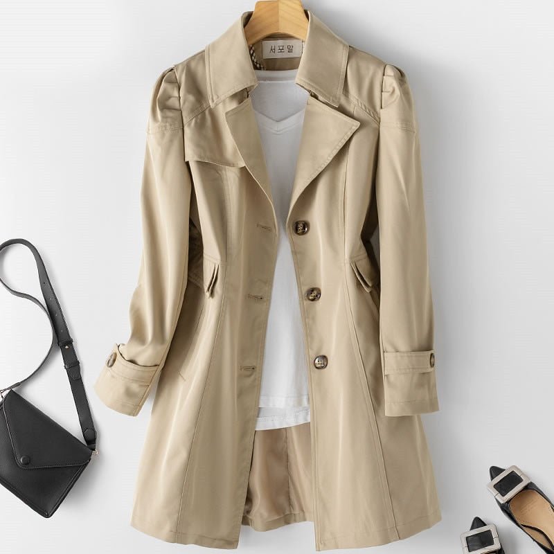 Beige Damen-Trenchcoat aus Baumwolle, elegant, vielseitig, ideal für Frühling und Herbst.