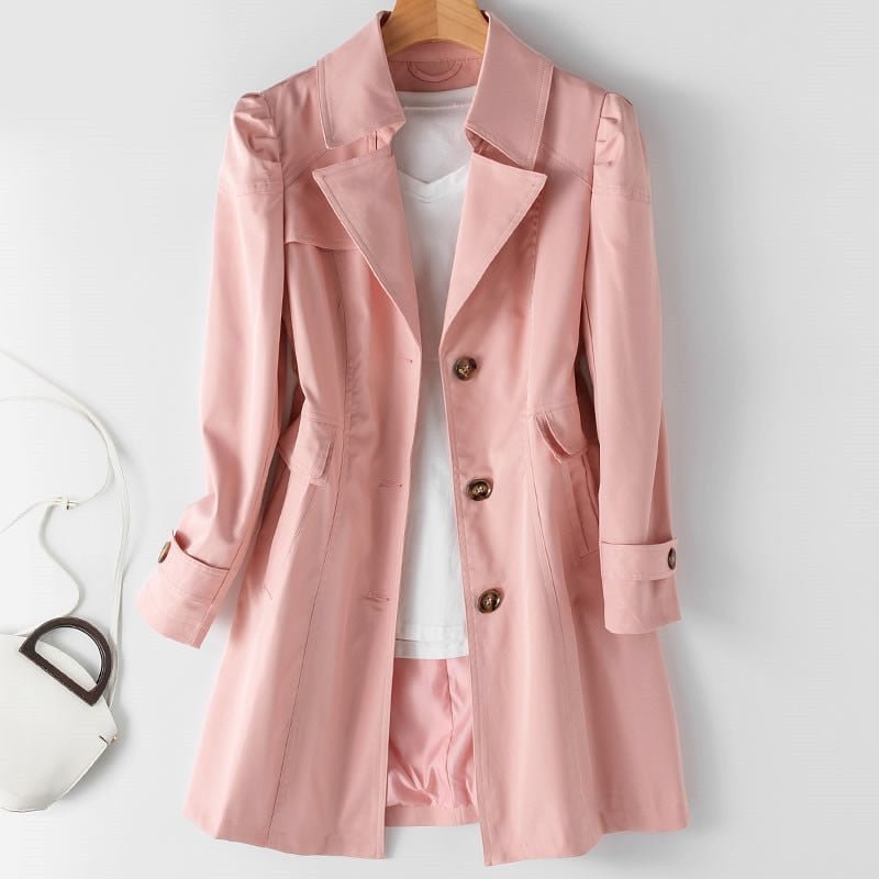 Damen Trenchcoat rosa, Knöpfe, modisch, elegant, vielseitig, Baumwolle, Herbstmode, Mantel.