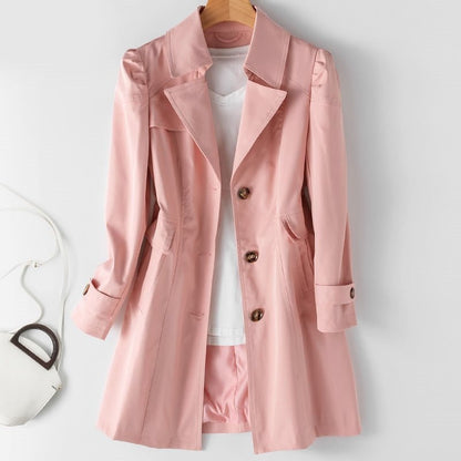 Damen Trenchcoat rosa, Knöpfe, modisch, elegant, vielseitig, Baumwolle, Herbstmode, Mantel.