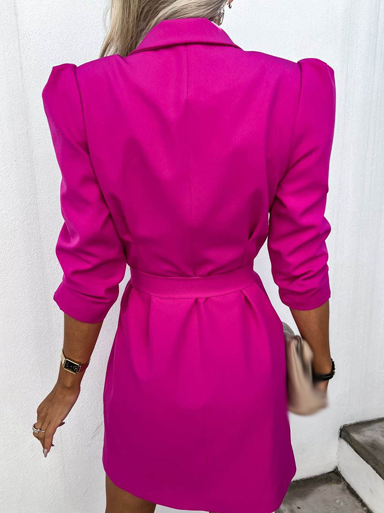 Fuchsia Damenblazer Kleid, langärmelig, elegantes Design, modische Büro- und Abendmode.