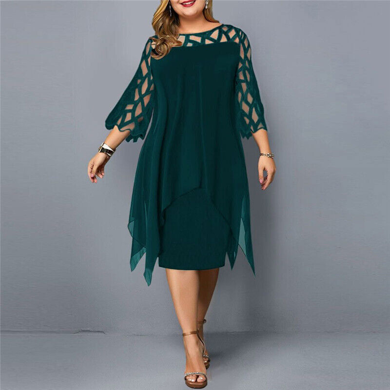 Damenkleid grün, Plus Size, geometrisches Muster, 3/4-Ärmel, elegantes Design.
