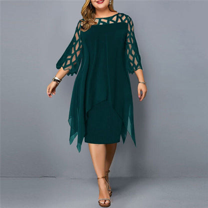 Damenkleid grün, Plus Size, geometrisches Muster, 3/4-Ärmel, elegantes Design.