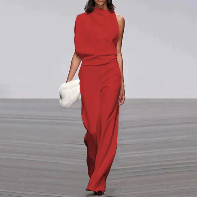 Eleganter roter Damen-Jumpsuit, ärmellos, weite Beine, ideal für Sommermode.
