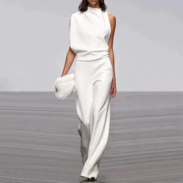 Eleganter weißer ärmelloser Jumpsuit für Damen, weite Beine, Sommermode 2023.