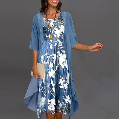 Elegantes blaues Blumenkleid-Set mit Cardigan, Rundhals, Damenmode, stilvoller Look.
