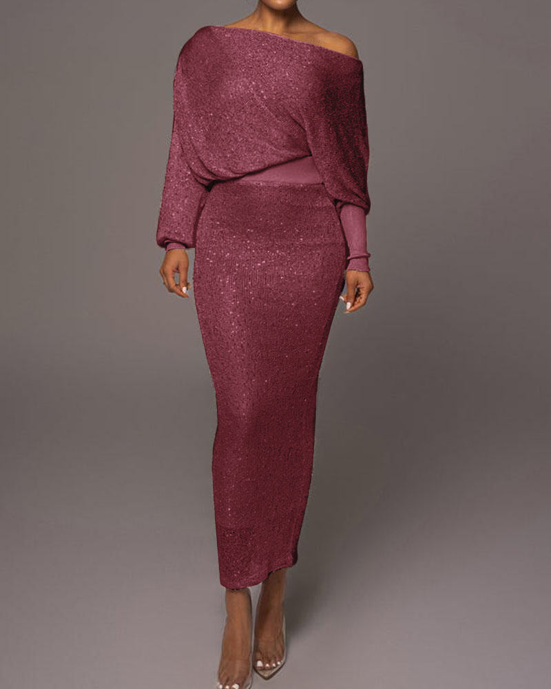 Damen Abendkleid, schulterfrei, lang, weinrot, elegant, Pailletten, Party, Mode.