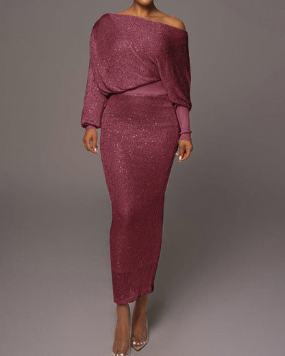 Damen Abendkleid, schulterfrei, lang, weinrot, elegant, Pailletten, Party, Mode.