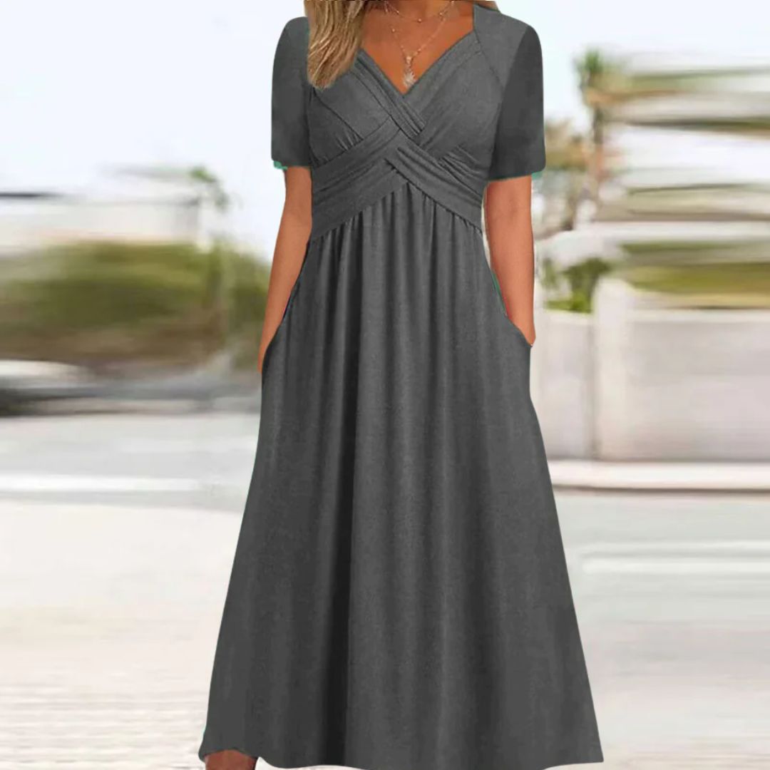 Damen Sommerkleid, grau, knielang, V-Ausschnitt, kurze Ärmel, lässig, Baumwolle.
