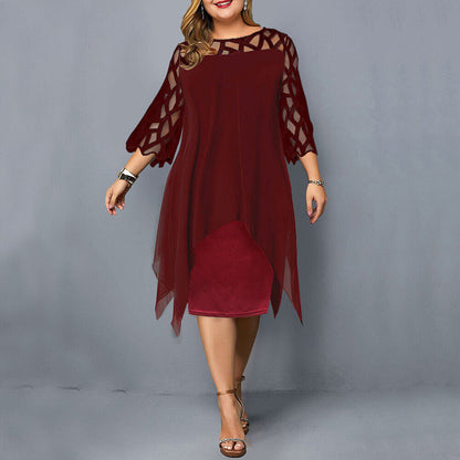 Rotes Damenkleid mit Netzärmeln, knielang, elegant, Abendmode, Plus Size, Chiffon.