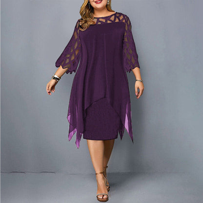 Frau in lila Abendkleid mit transparenten Ärmeln, elegantes Design, Plus-Size-Mode.