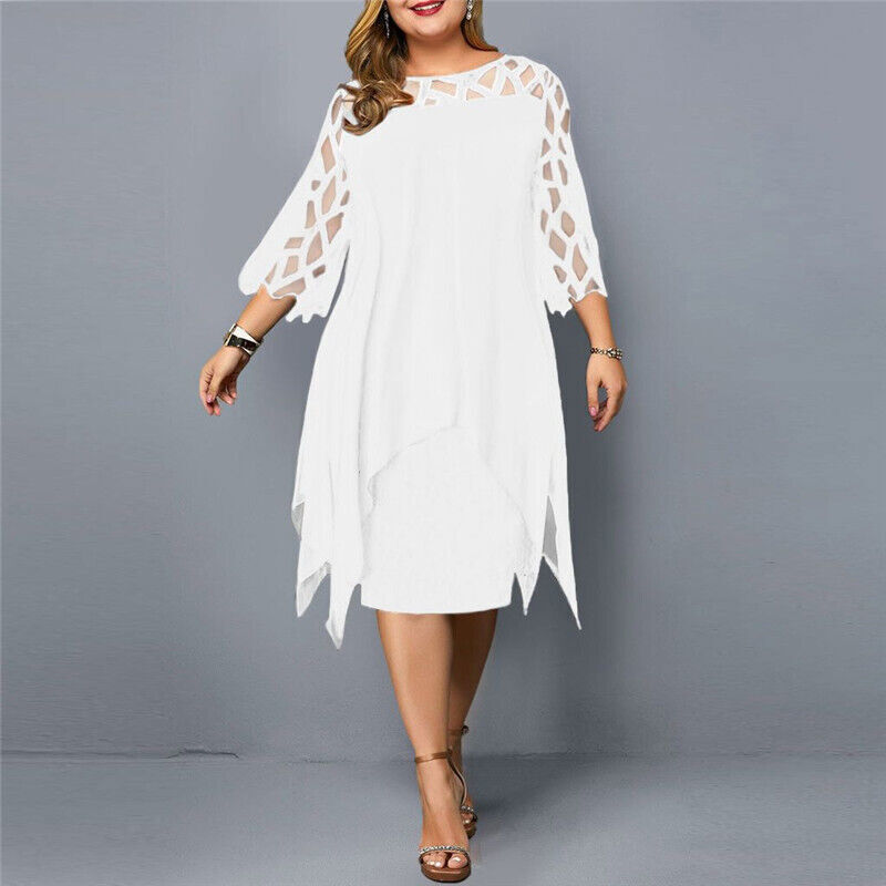Damen Sommerkleid weiß, Spitzenmuster, knielang, elegant, Freizeitmode, Plus Size.