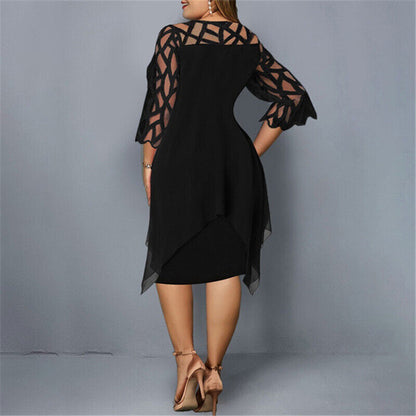 Schwarzes Abendkleid Damen, transparentes Muster, knielang, elegantes Design, Plus Size.