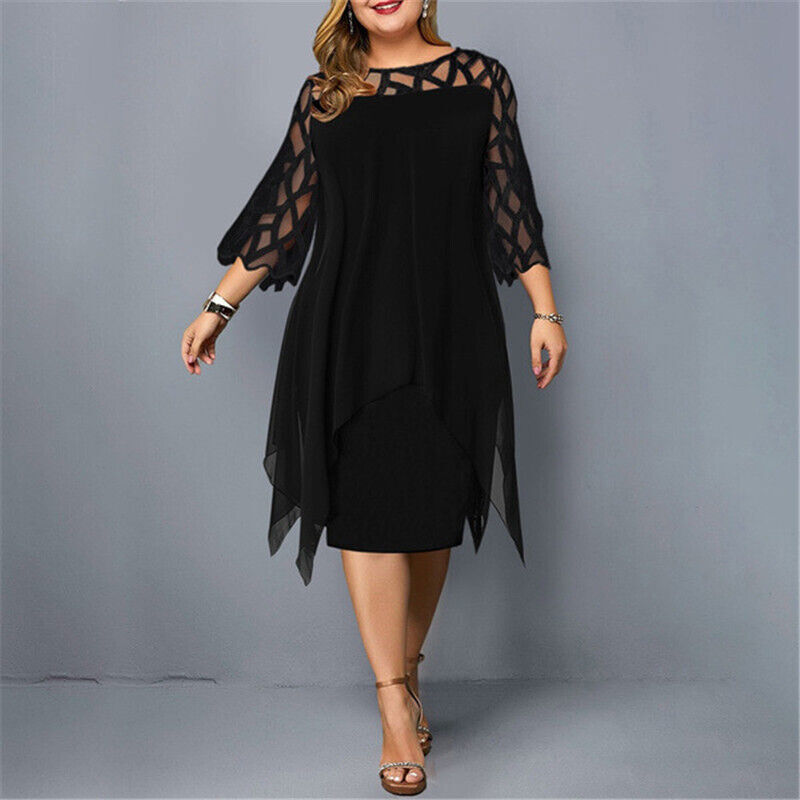 Damenkleid schwarz, Plus Size, Chiffon, geometrisches Muster, elegantes Abendkleid, knielang.